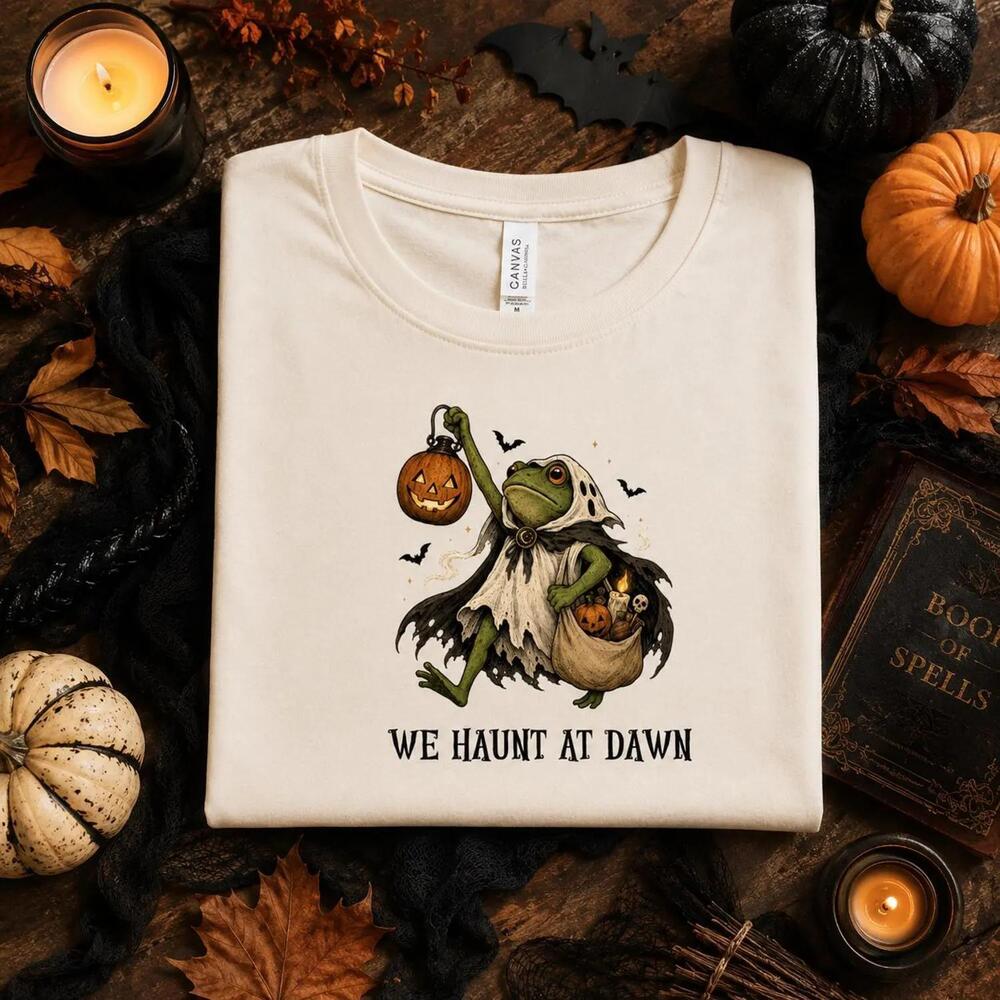 Funny Halloween Frog T-Shirt We Haunt At Dawn Pumpkin Spooky Renaissance